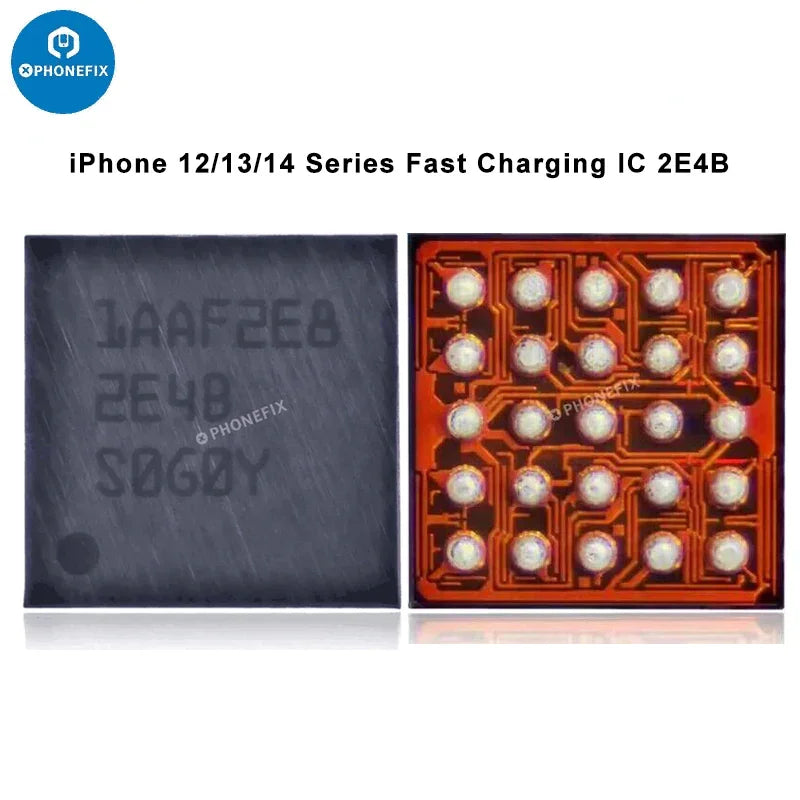 Close-up of PHONEFIX wireless fast charger IC component for iPhone USB charging, showcasing the integrated circuit chip on a circuit board.