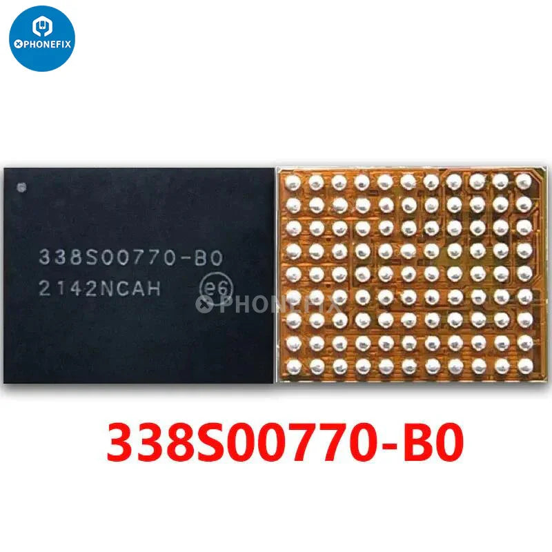 Close-up of PHONEFIX wireless fast charger chip for iPhone USB charging IC, showing detailed electronic component on circuit board.