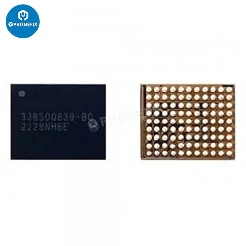 Close-up of PHONEFIX USB charging IC wireless fast charger chip component for iPhone, showing circuit board and electronic details.