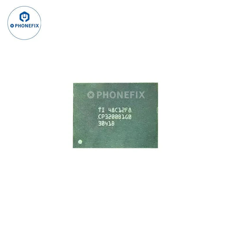 Close-up of PHONEFIX CP3200 USB charging IC chip for iPhone wireless fast chargers, showcasing the small electronic component.