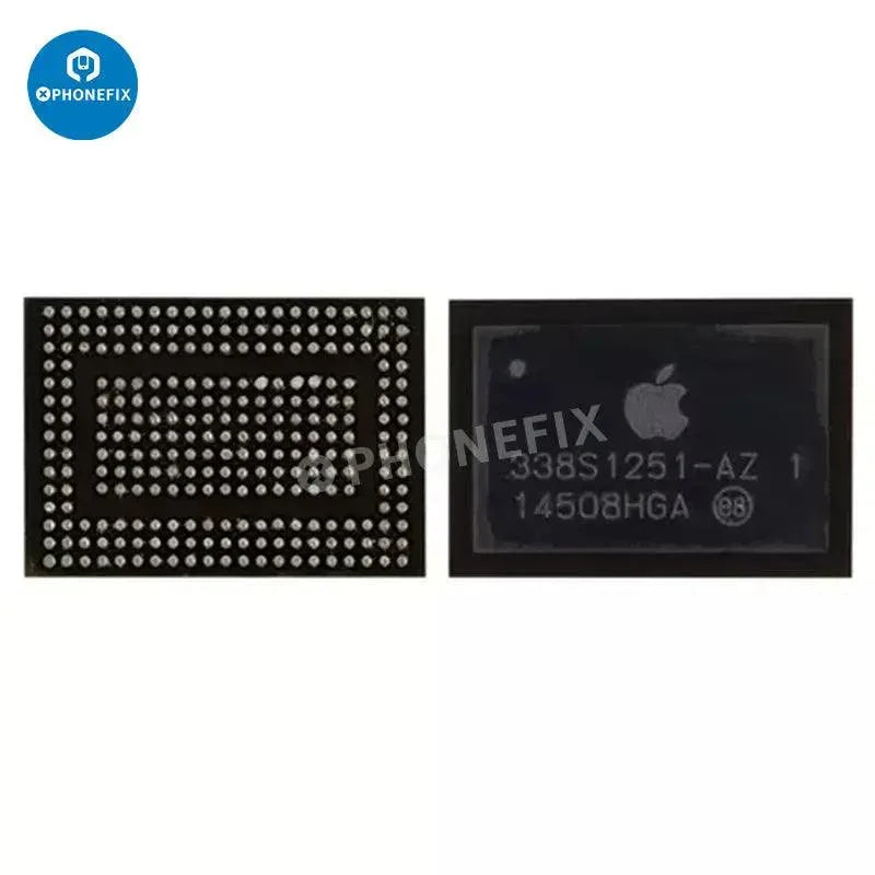 PhoneFix power management IC component for iPhone 6 to 15 Pro Max, showing the small chip on a circuit board for device repair.