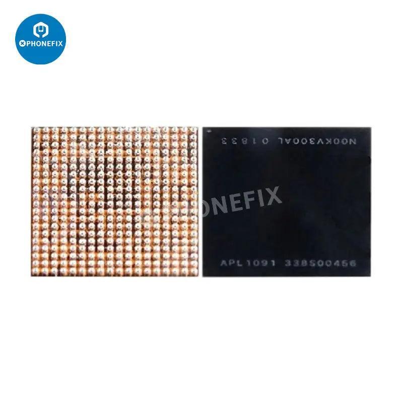 Close-up of PHONEFIX power management IC component for iPhone 6 to 15 Pro Max, showing detailed chip on a circuit board.