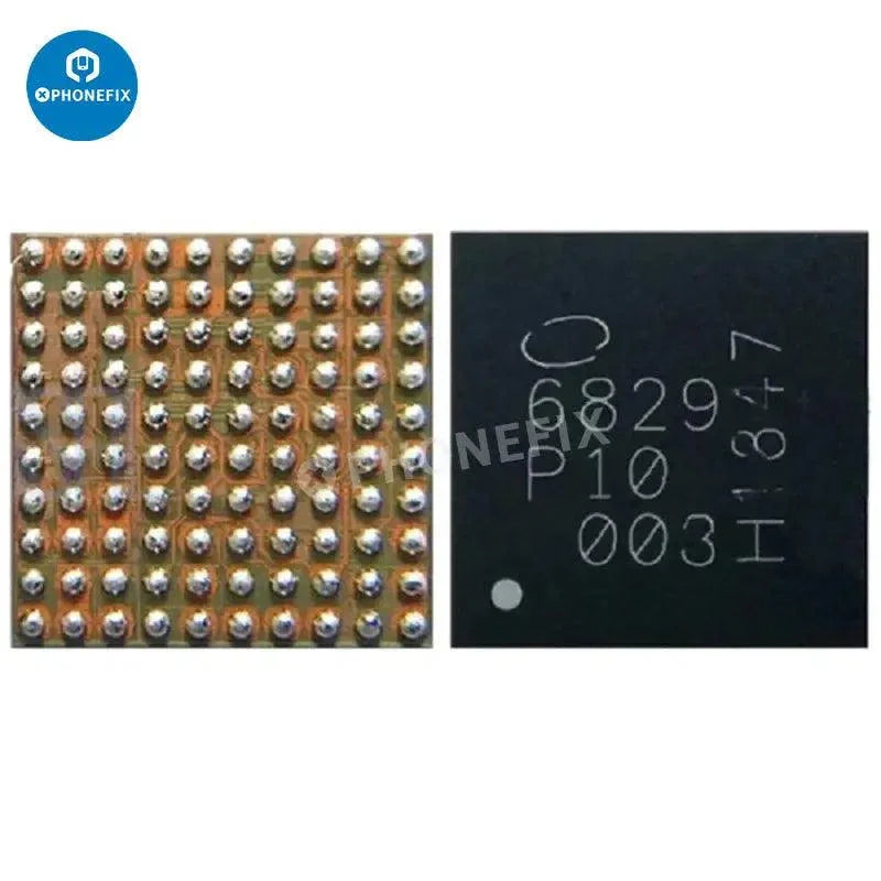 Close-up of PHONEFIX power management IC component for iPhone 6 to 15 Pro Max, showing the integrated circuit on a circuit board.
