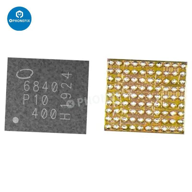 Close-up of PHONEFIX power management IC component for iPhone 6 to 15 Pro Max, showing the small integrated circuit chip.