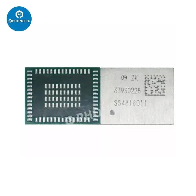 PhoneFix WiFi and Bluetooth IC replacement component for iPhone 6-14 Pro Max, electronic repair part with detailed circuitry visible.