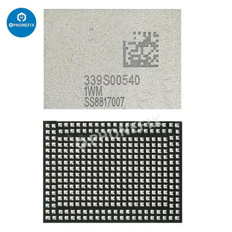 Close-up of PHONEFIX WiFi Bluetooth IC replacement component for iPhone 6 to 14 Pro Max, showing the small electronic chip.