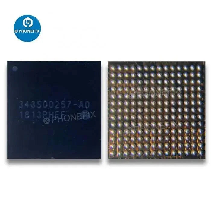Power Control IC 343S00252 343S00257 PMIC chip for iPad Pro 12.9" by PHONEFIX, showing the small electronic component.