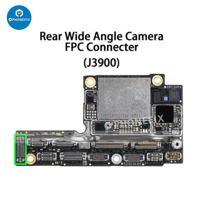 Rear camera FPC connector for iPhone 6 to iPhone 15 Pro Max, showing small component and connection points on a circuit board.