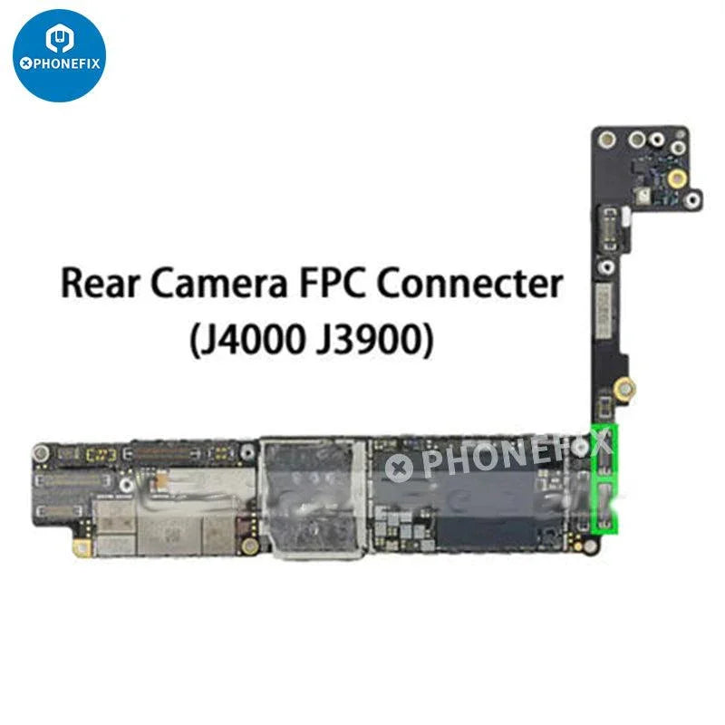 Rear camera FPC connector for iPhone 6 and iPhone 11 Pro Max, PHONEFIX component, showing small connector part in close-up.