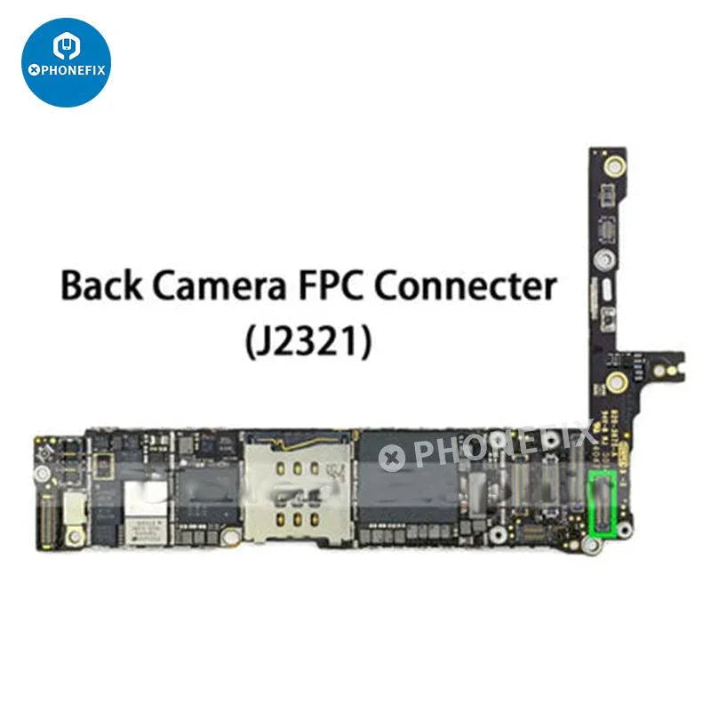 Rear camera FPC connector for iPhone 6 to 15 Pro Max by PHONEFIX, close-up view of the small electronic component.