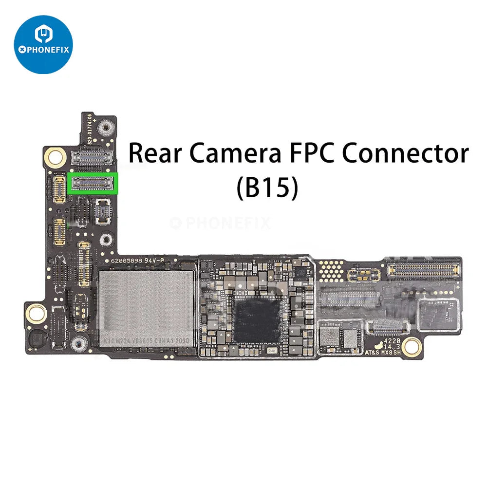 Close-up of PHONEFIX rear camera FPC connector for iPhone 6-15 Pro Max, showing detailed electronic component on a white background