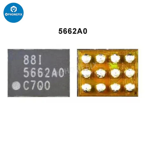 Close-up of PHONEFIX iPhone camera power supply IC and flashlight control chip, electronic components on a white background.