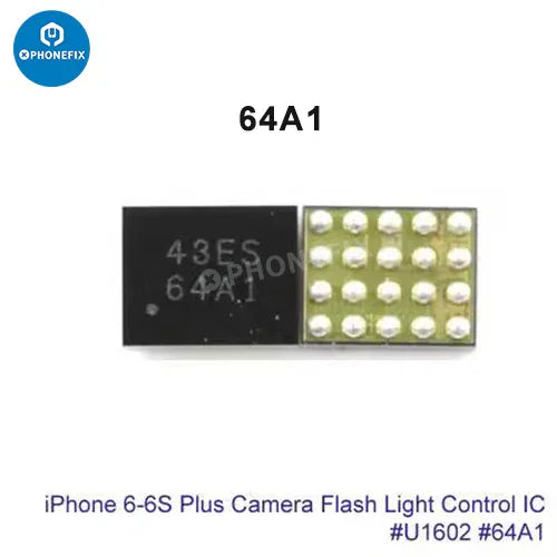 Close-up of PHONEFIX iPhone camera power supply IC flashlight control chip component, showcasing its small integrated circuit design.