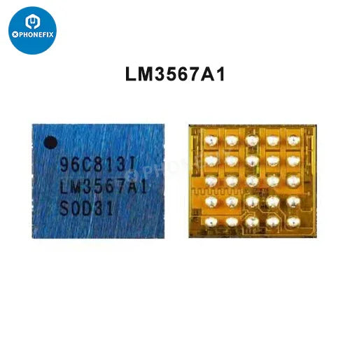 Close-up of PHONEFIX iPhone camera power supply IC flashlight control chip, showing detailed electronic component on circuit board.