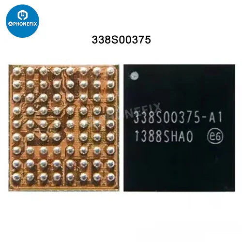 Close-up of PHONEFIX iPhone camera power supply IC and flashlight control chip, showing detailed electronic components on circuit board.