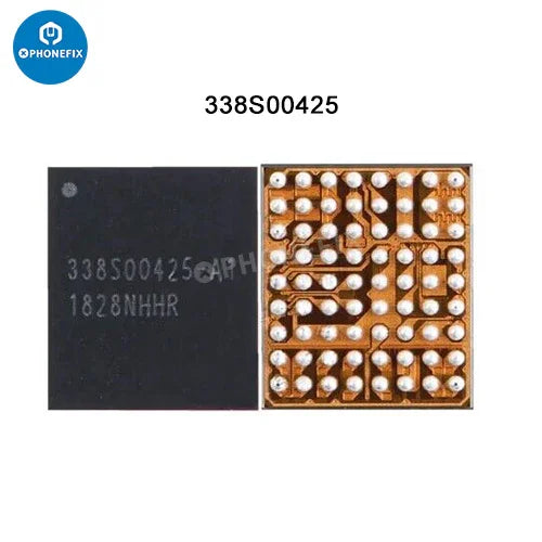 Close-up of PHONEFIX iPhone camera power supply IC flashlight control chip showing detailed electronic component on circuit board.