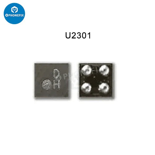 Close-up of PHONEFIX U2301 power supply IC chip for iPhone camera flashlight control component, mounted on circuit board.