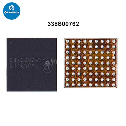 Close-up of PHONEFIX iPhone camera power supply IC and flashlight control chip component on circuit board.