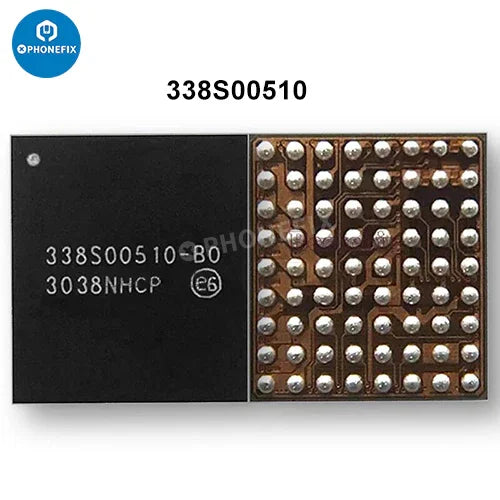 Close-up of PHONEFIX iPhone camera power supply IC flashlight control chip component for phone repair.