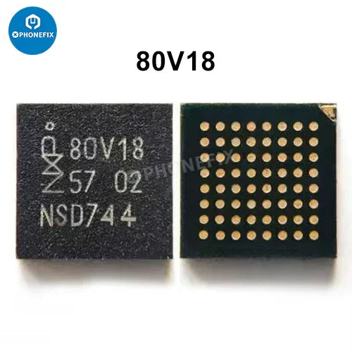 Close-up of PHONEFIX NFC Controller IC Antenna Switch Chip for iPhone 8-15 Pro Max, showing the small electronic component on a circuit board.
