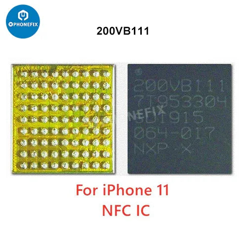 Close-up of PHONEFIX NFC Controller IC Antenna Switch Chip for iPhone 8-15 Pro Max components, showing the small circuit chip.