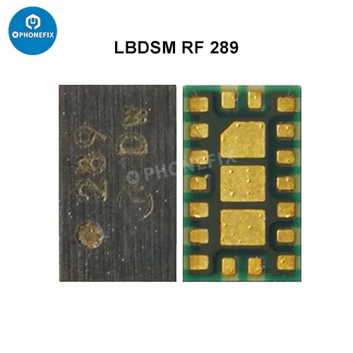 Close-up of PHONEFIX NFC controller IC antenna switch chip for iPhone 8 to 15 Pro Max, showing the small electronic component and circuit details.