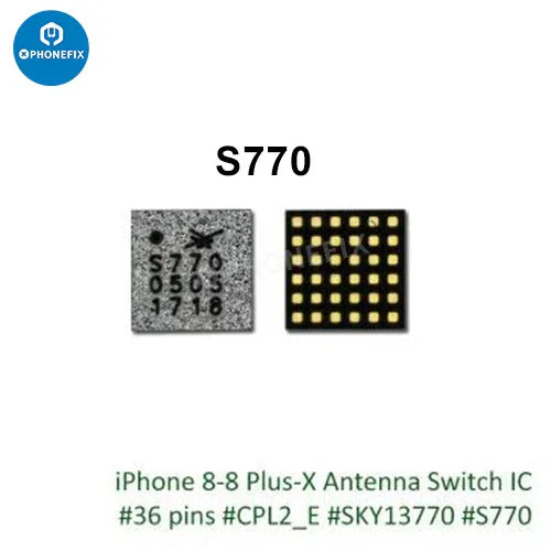 Close-up of PHONEFIX NFC controller IC antenna switch chip for iPhone 8-15 Pro Max, showcasing the small electronic component.