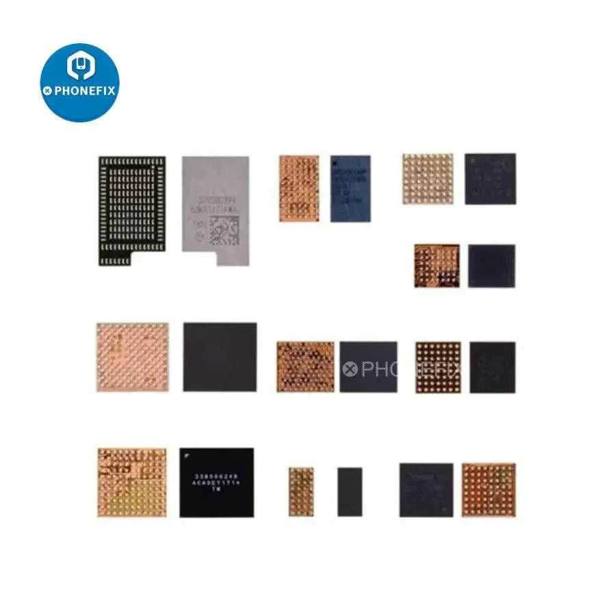 Set of 10 iPhone X common fault IC components for logic board repair, by PHONEFIX, shown on a white background.