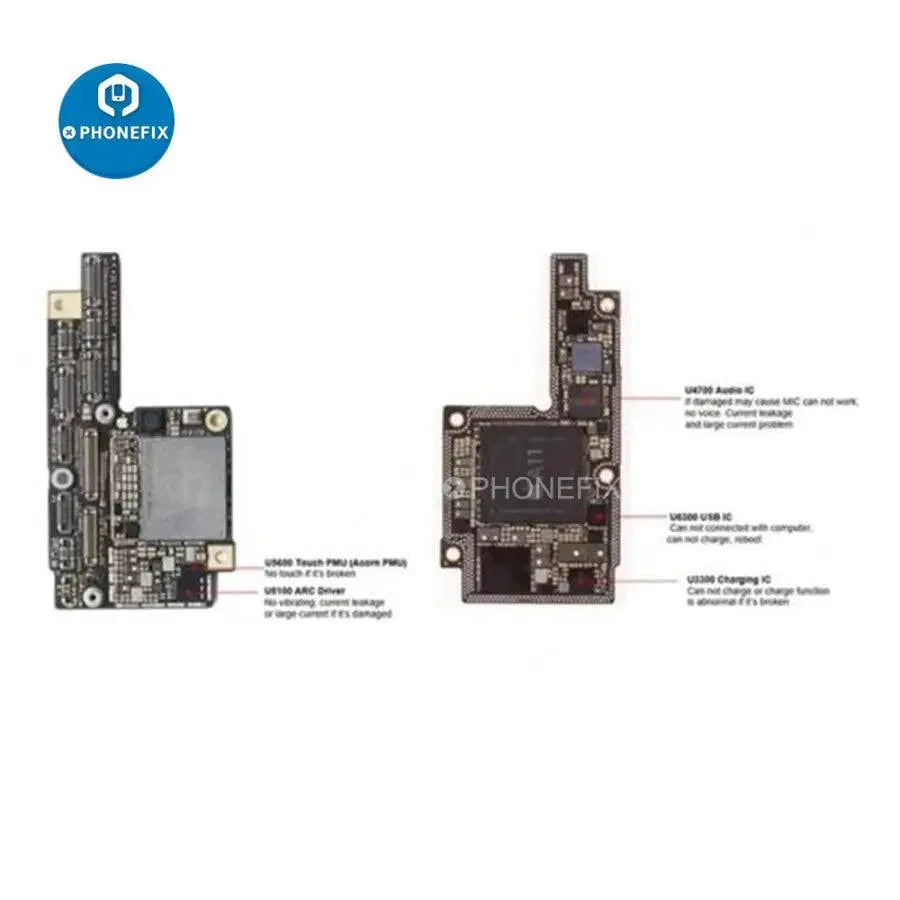 Set of 10 iPhone X common fault IC components for logic board repair, designed by PHONEFIX for device maintenance.