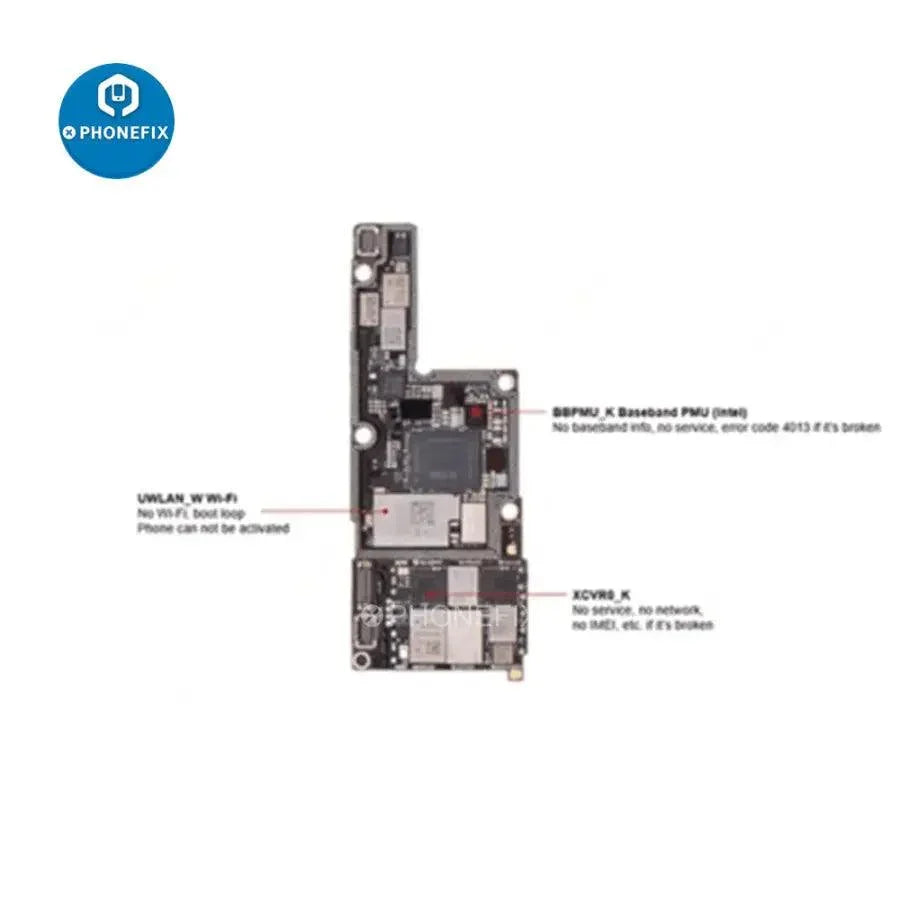 Set of 10 iPhone X common fault IC components for logic board repair, branded PHONEFIX, shown on a white background.