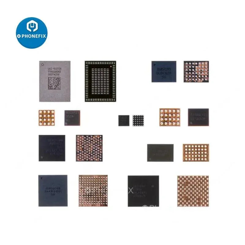 Set of 10 iPhone X common fault IC components for logic board repair, including various small electronic chips from PHONEFIX.