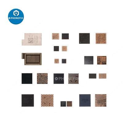 Set of 10 iPhone X common fault IC components for logic board repair by PHONEFIX, displayed on a white background.