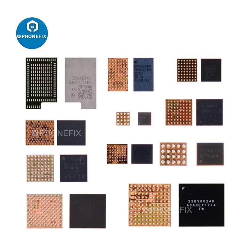 Set of 10 iPhone X logic board repair IC components from PHONEFIX for common fault fixing, displayed on a white background.