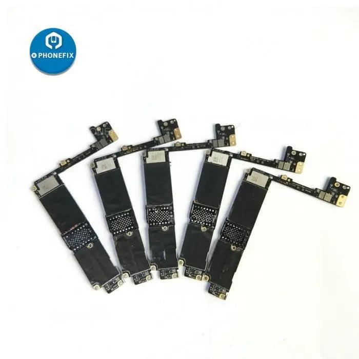 Damaged PhoneFix iPhone logic board without NAND chip, used for repair training and component testing.