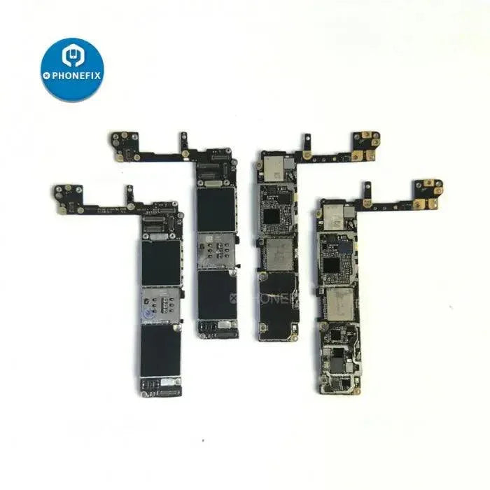 Damaged iPhone logic board without NAND chip, used for repair training, manufactured by PHONEFIX, shown on a white background.
