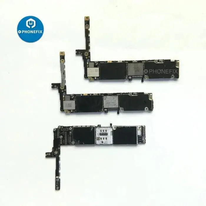 Damaged PhoneFix iPhone logic board without NAND chip, used for repair training, showing circuit components and damaged areas.