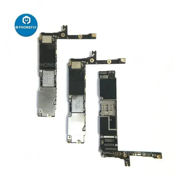 Damaged iPhone logic board without NAND for repair training, showing circuitry and damaged components, by PHONEFIX.