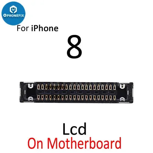 PhoneFix iPhone 7-8 Plus LCD display with 3D Touch FPC connector port showing close-up of component on circuit board.