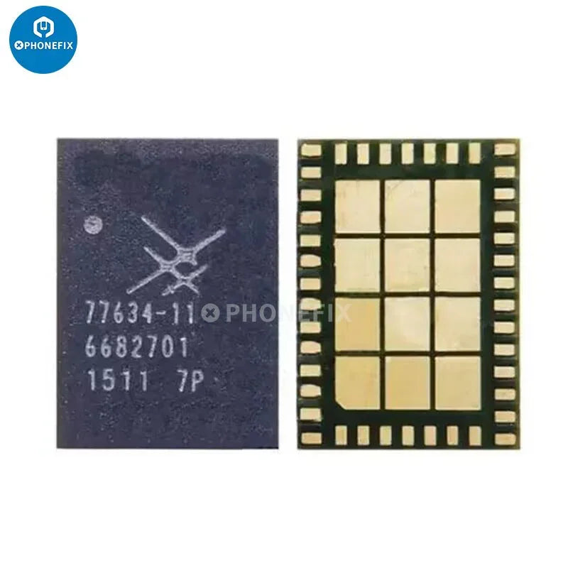 Power amplifier IC 77634-11 for Samsung A7000, PhoneFix brand, close-up of the electronic component on a circuit board