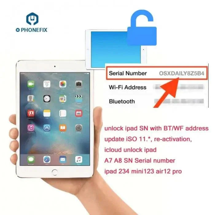 Close-up of PHONEFIX component for fixing iPad activation errors, showing serial number and Bluetooth/Wi-Fi address labels.