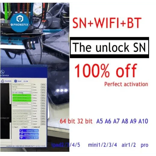 PhoneFix iPad activation error repair component showing serial number, Bluetooth, and Wi-Fi address for unlocking and troubleshooting.