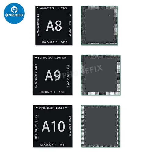 PhoneFIX A13-A18 Pro iPhone CPU RAM chip components for iPhone 7 to 16 Pro Max, showing close-up of the small electronic chip.