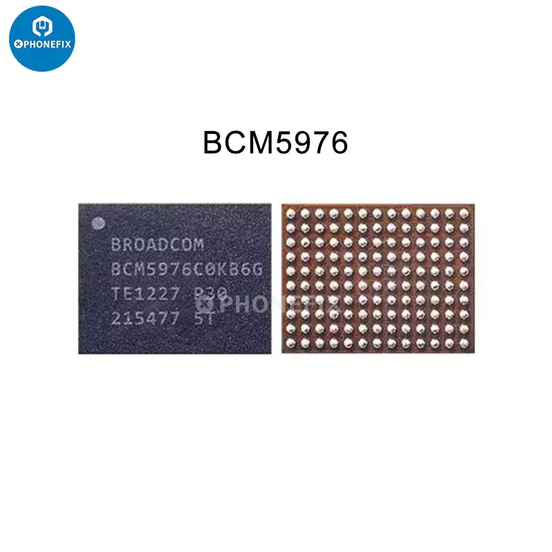 Close-up of BCM5976 boost inductor for iPhone touch IC screen controller replacement, branded by PHONEFIX.