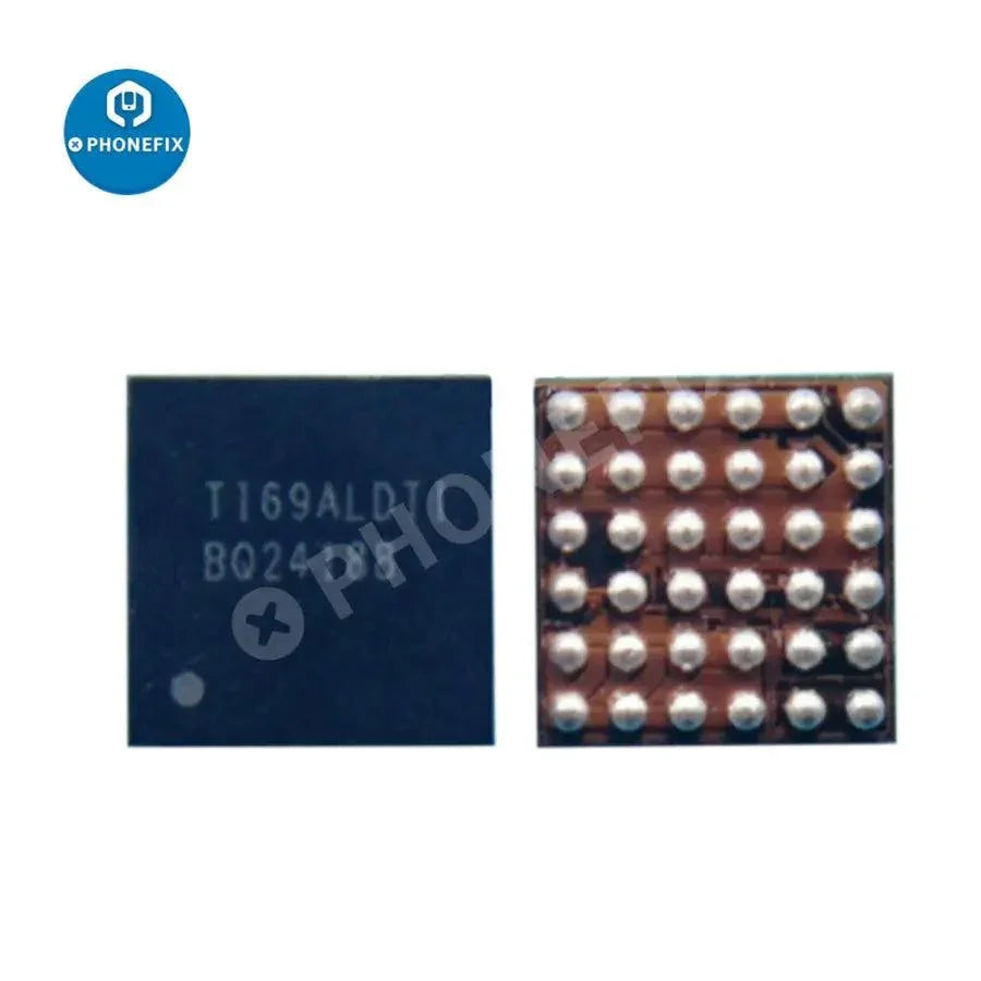 PhoneFix BQ24157A/24188/24158/27520/25601D charging IC component for Samsung repair, shown on a circuit board.