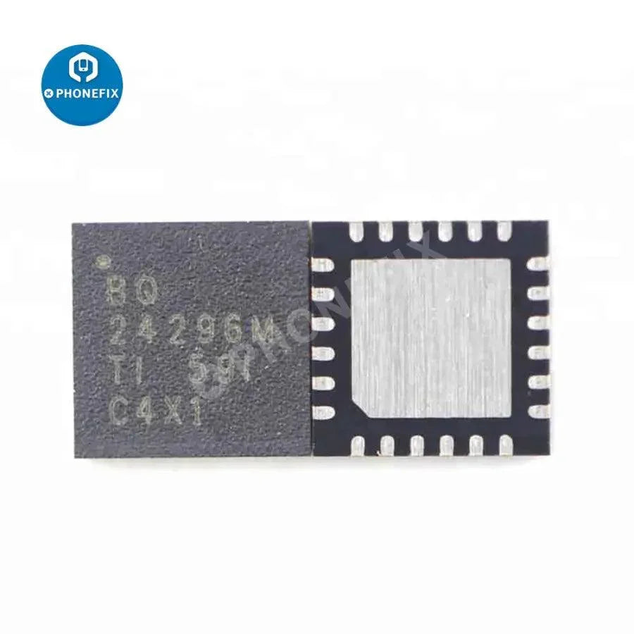 PhoneFix BQ24296M charging IC chip for Android phones, close-up of the small electronic component on a circuit board.