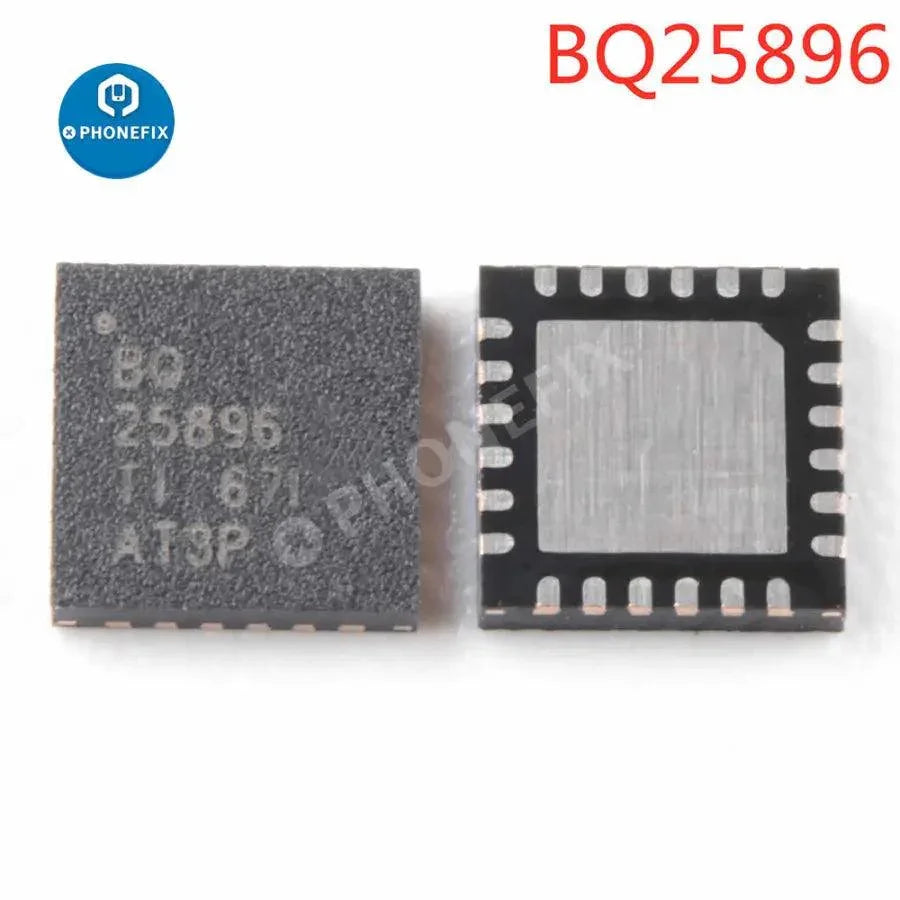 PhoneFix BQ24296M/25896C charging IC chip for Android phones, close-up of the electronic component on a circuit board.