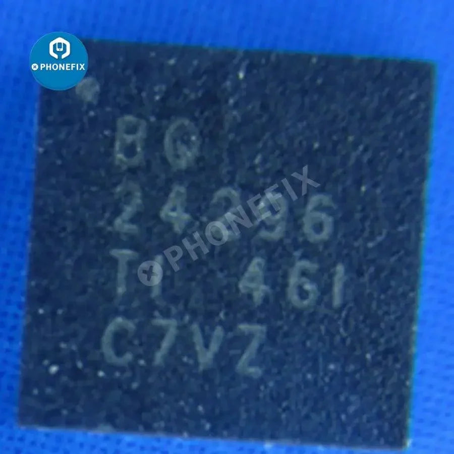 PHONEFIX BQ24296M charging IC chip for Android phones, close-up of the small electronic component on a circuit board.