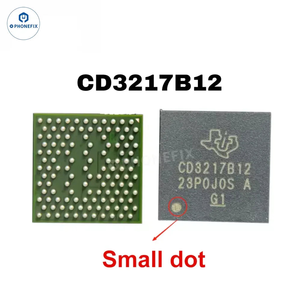 CD3217B12 charging IC U3100 USB-C controller chip for MacBook Pro, electronic component with PHONEFIX branding visible.