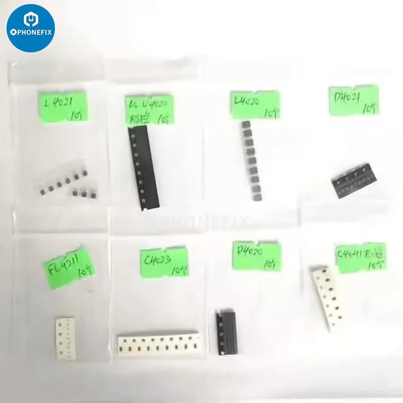 PhoneFix iPhone backlight repair kit with diode, capacitor, coil, and filter components for electronic repair.