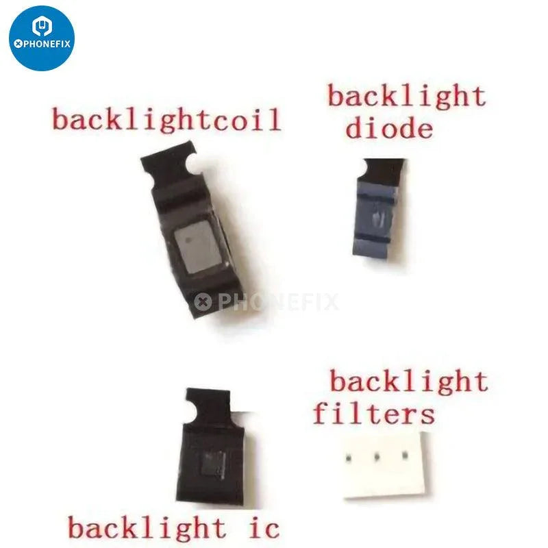 PHONEFIX iPhone backlight chip and coil repair kit with diode capacitor components for screen backlight repair.